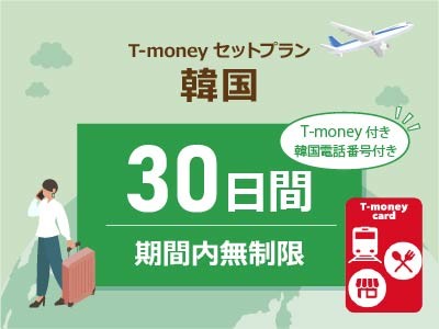 韓国 【T-moneyカード】【韓国電話番号】付き- 無制限 / 30日間　